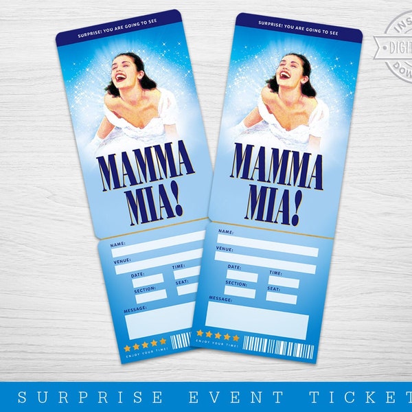 Printable Mamma Mia Broadway Surprise Ticket, Mamma Mia Musical Collectible Theater Ticket, Editable Musical show Theatre Admission Souvenir