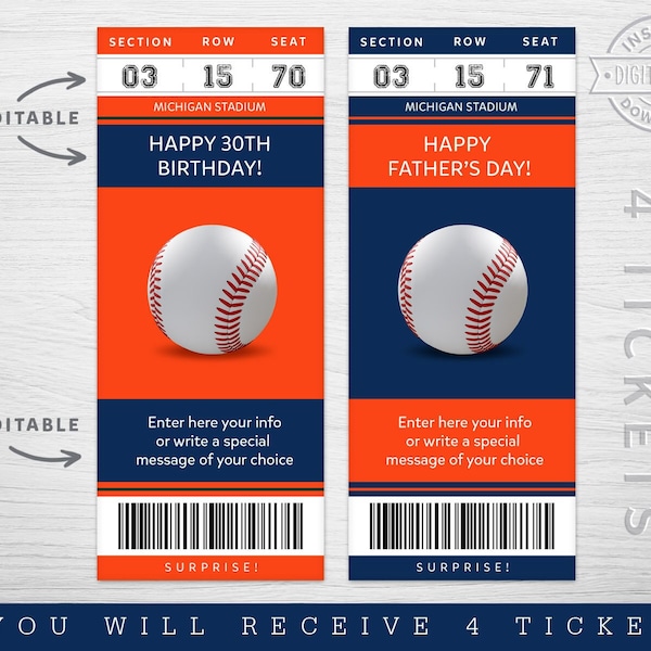 Digital Detroit Colors Surprise Ticket Gift, Detroit Baseball Game Ticket, Baseball Game Surprise Gift Ticket, Editable Game gift ticket