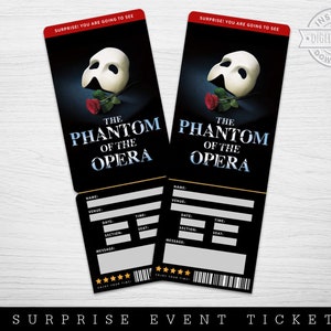 Druckbares Phantom der Oper Broadway-Überraschungskarte, Musical-Sammeltheaterkarte, bearbeitbarer Musiktheater-Eintritt für Faux-Veranstaltungen