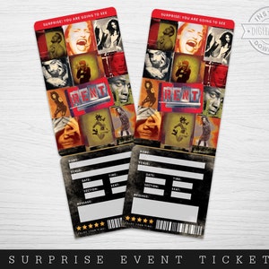 Druckbare RENT Broadway Surprise Ticket, MIETE das Musical Collectible Theater Ticket, bearbeitbare Musiktheater Faux Event Admission RENT