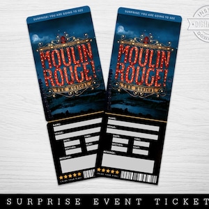 Druckbare Moulin Rouge Broadway Surprise Ticket, Musikalische Sammlertheaterkarte Bearbeitbares Musiktheater Faux Event Eintritt Souvenir