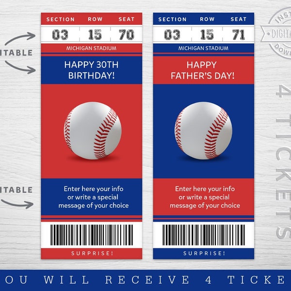 Digital Chicago Colors Surprise Ticket Gift, Chicago Baseball Game Ticket, Baseball Game Surprise Gift Ticket, Editable Sport Game ticket