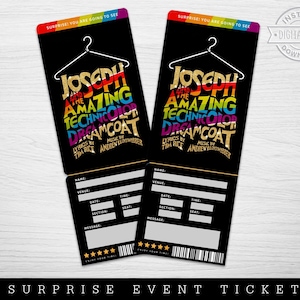 Druckbare Joseph und der erstaunliche Technikolor Dreamcoat Broadway Surprise Ticket, Musical Collectible Theaterticket, bearbeitbares Musicalticket
