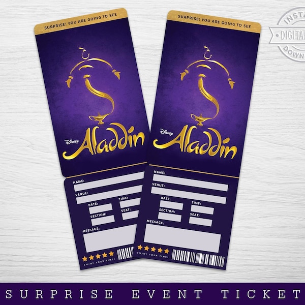 Printable Aladdin Broadway Surprise Ticket, Aladdin the Musical Collectible Theater Ticket, Editable Musical Theatre Faux Event Admission