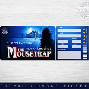 Printable Mousetrap Broadway Surprise Ticket, Musical Collectible Theater Ticket Editable Musical Theatre Faux Event Admission Souvenir
