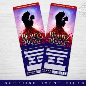 Biglietto a sorpresa stampabile per il musical La bella e la bestia a Broadway, biglietto da collezione per il musical La bella e la bestia, biglietto modificabile per il musical
