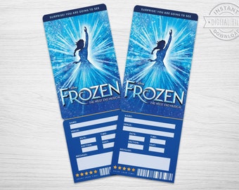 Afdrukbaar Frozen Broadway Surprise Ticket, Frozen the Musical Collectible Theatre Ticket, bewerkbare toegang tot muziektheater Faux Event