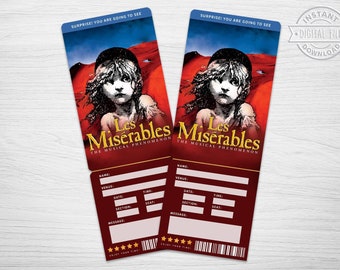 Printable Les Miserables Broadway Surprise Ticket, Musical Collectible Theater Ticket Editable Musical Theatre Faux Event Admission Souvenir