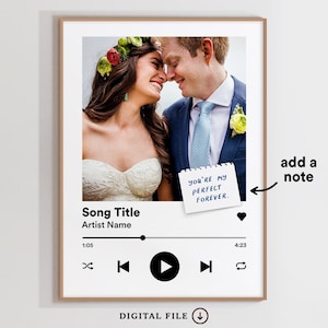 May include: A digital art print of a wedding photo with a music player interface. The photo shows a bride and groom looking at each other and smiling. A handwritten note says "You're my perfect forever."