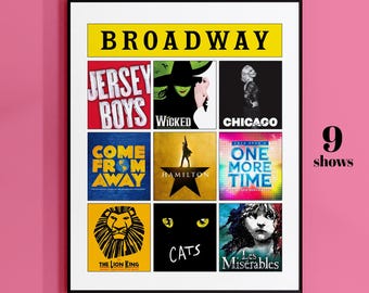 Aangepaste Broadway-poster - 9 shows - Broadway musical Tribute Art, aangepaste muziektheaterposter, affichecadeau, digitale Broadway-cadeauposter