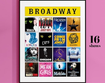 Aangepaste Broadway-poster - 16 shows - Broadway musical Tribute Art, aangepaste muziektheaterposter, affichecadeau, digitale Broadway-cadeauposter