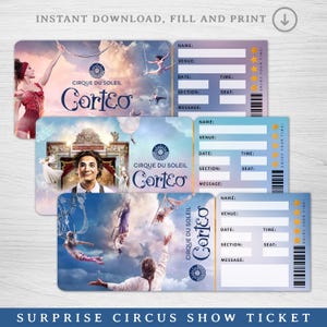 Ingresso para show CORTEO para impressão, ingresso surpresa do Cirque du Soleil, ingresso surpresa para revelação, presente personalizado para revelação, lembrança para show