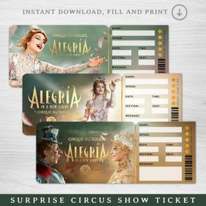 Druckbare ALEGRIA Show-Karte, Cirque du Soleil Überraschungskarte, Überraschungskarte, personalisiertes Geschenk, Andenken an die Show