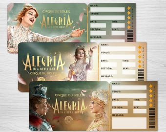 Afdrukbaar ticket voor de Cirque du Soleil ALEGRIA-show (ticket voor verrassingscadeau)