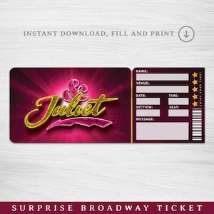 Druckbare Juliet Broadway Surprise Ticket, Juliet the Musical Collectible Theater Ticket, bearbeitbares Theater Faux Event Admission Souvenir