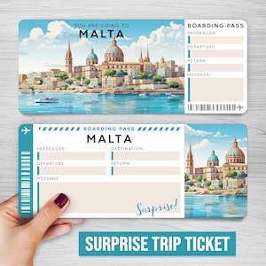 Biglietto regalo digitale per un viaggio a sorpresa a Malta, carta d'imbarco stampabile a Malta, biglietto aereo falso, biglietto per le vacanze, viaggio a sorpresa