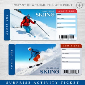 Digitales SKIING Surprise Trip Gift Ticket, druckbares Reiseticket, druckbares SKI-Urlaubsticket, druckbares Bergski-Reiseticket