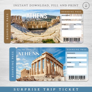 Billet numérique voyage surprise en GRÈCE, carte d'embarquement imprimable pour Athènes, billet de vacances imprimable pour l'Europe, billet de voyage, billet de vacances