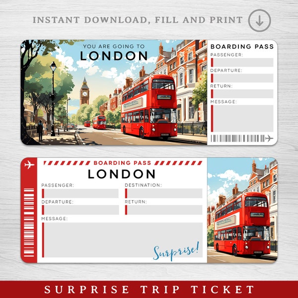 Digitales LONDON-Überraschungsreise-Geschenkticket, LONDON-Bordkarte zum Ausdrucken, Sie fliegen nach London! - Ausdruckbare Bordkarte, Urlaubsticket