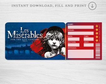 Printable Les Miserables Broadway Surprise Ticket︱Musical Theatre ticket︱Event Gift reveal
