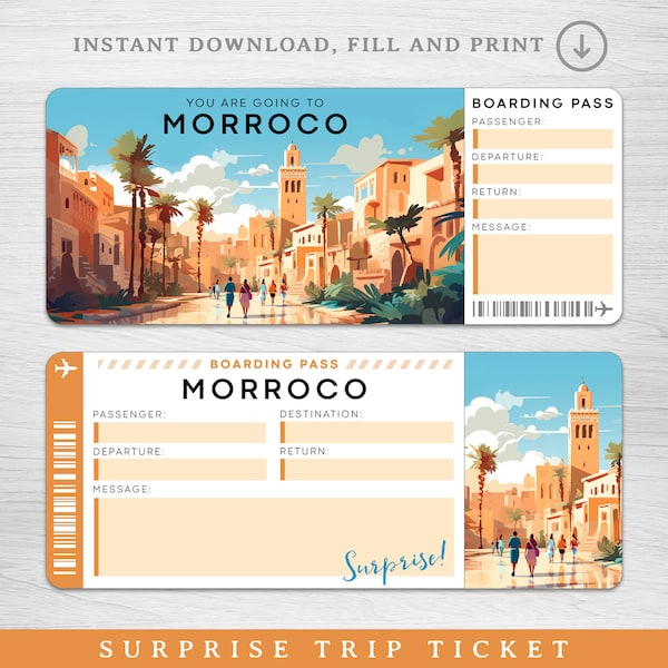 Digital MOROCCO Surprise Trip Ticket, MOROCCO Printable Boarding Pass, Printable Vacation Ticket, Vacation Gift Voucher, Editable Gift