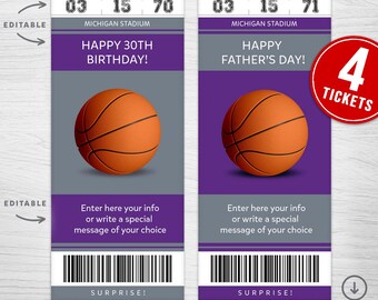 May include: Four purple and gray printable football game tickets with a basketball graphic and the text "Happy 30th Birthday!" and "Happy Father's Day!" The tickets are editable and have a barcode.