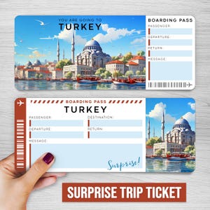 Bilhete digital para viagem surpresa na Turquia, cartão de embarque para impressão na Turquia, bilhete de férias para impressão, vale-presente de férias, presente personalizado