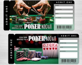 May include: Two printable poker night tickets with a green background. The top ticket features a hand of cards being dealt. The bottom ticket features a pile of poker chips and a royal flush. Both tickets have the text "You are invited to a Poker Night" and "Admit One".