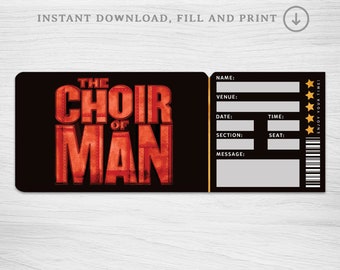 Boleto sorpresa imprimible para Broadway de The Choir of Man, boleto para teatro musical y regalo para evento.