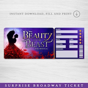 Druckbare Die Schöne und das Biest Broadway-Überraschungsticket, Die Schöne und das Biest Musical Collectible Theaterticket, bearbeitbares Musiktheaterticket