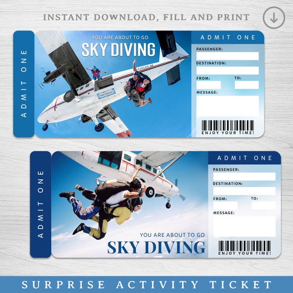 Digital SKYDIVING Surprise Gift Ticket, Skydiving Surprise Reveal, Skydiving Editable Event Ticket Template, SKYDIVE Experience Gift Voucher