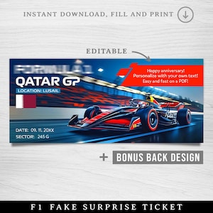 Druckbares Formel-Angebot, Katar gp faux-ticket, bearbeitbares Katar-Rennticket, Rennandenken-ticket, Überraschungsgeschenk-ticket für ein rennen