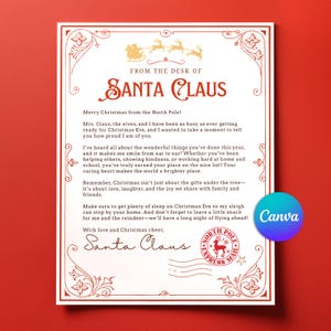 Może przedstawiać: Świąteczny list od Świętego Mikołaja, z ozdobnymi czerwonymi obramowaniami i tekstem. Nagłówek brzmi "From the Desk of Santa Claus" i zawiera znaczek North Pole Express Mail. List jest na białym tle.