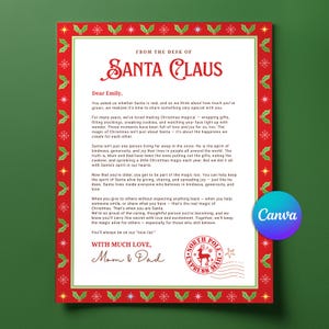 Puede incluir: Carta de Papá Noel a Emily, con un borde rojo y verde con diseños de acebo y copos de nieve. La carta trata sobre la magia de la Navidad y el espíritu de Papá Noel. El logotipo de Canva es visible.