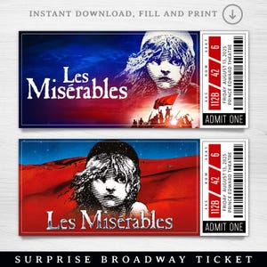 Digital Les Miserables Broadway Surprise Ticket, Musical Collectible Theater Ticket Editable Musical Theatre Faux Event Admission Souvenir