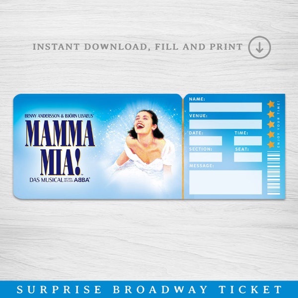 Printable Mamma Mia Broadway Surprise Ticket, Mamma Mia Musical Collectible Theater Ticket, Editable Musical show Theatre Admission Souvenir