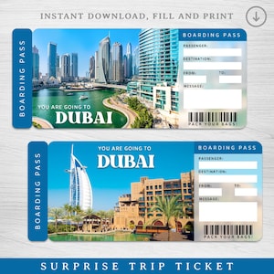 以下が含まれることがあります： 「You are going to Dubai」の文字が入った2枚の青い搭乗券。チケットには、都市景観とリゾートのシーンが描かれています。「Boarding Pass」の文字と、乗客情報の入力欄も表示されています。「Pack Your Bags!」の文字も表示されています。