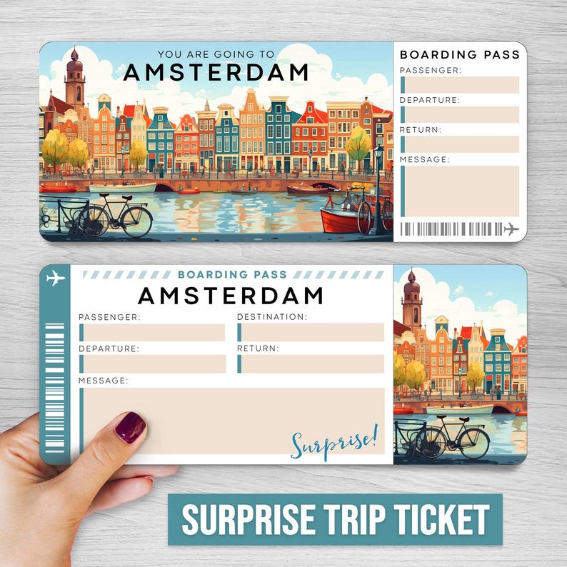 Billete sorpresa de viaje digital a ÁMSTERDAM ︱Tarjeta de embarque para Países Bajos ︱Revelación de escapada de vacaciones ︱Vale regalo para Europa imagen 1