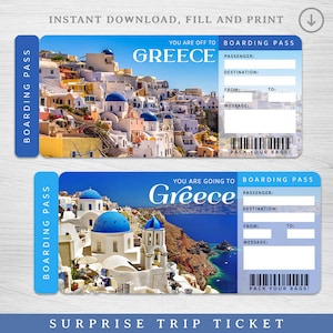 Billet-cadeau numérique voyage surprise en GRÈCE, carte d'embarquement imprimable Santorin, billet de vacances imprimable Europe, billet de voyage, billet de vacances