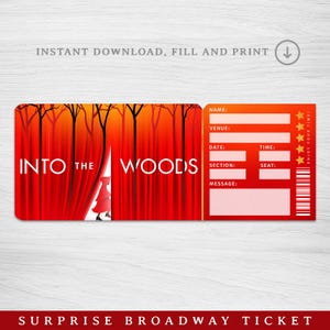 Druckbar in den Woods Broadway Surprise Ticket, Musical Collectible Theater Ticket Bearbeitbares Musical Theater Faux Event Eintritt Souvenir