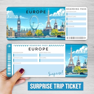 Biglietto regalo a sorpresa digitale per un viaggio in Europa, carta d'imbarco stampabile per un viaggio in Europa, biglietto aereo falso, biglietto per le vacanze, viaggio a sorpresa rivelato