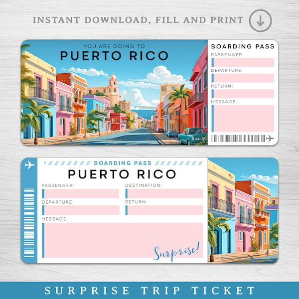 Digital PUERTO RICO Surprise Trip Gift Ticket, Caribbean Trip Boarding Pass, Caribbean Vacation Ticket, Trip Ticket, Vacation Ticket