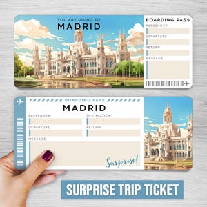 Digitales MADRID Überraschungsticket, SPANIEN druckbare Bordkarte, druckbare Urlaubskarte, Urlaubsgeschenkgutschein, bearbeitbares Geschenk