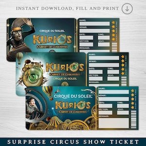 Druckbare KURIOS Show Karte, Cirque du Soleil Überraschungskarte, Überraschungskarte, personalisiertes Geschenk, Andenken an die Show