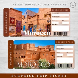 Billet numérique de voyage surprise au MAROC, carte d'embarquement imprimable pour le MAROC, billet de vacances imprimable, bon cadeau vacances, cadeau modifiable