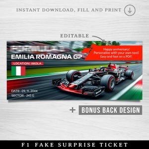 Druckbares Formelticket, Italien-GP-Faux-ticket, Bearbeitbares Imola-Rennticket, Italien-Rennandenkenticket, Überraschungsgeschenkticket für das Rennen