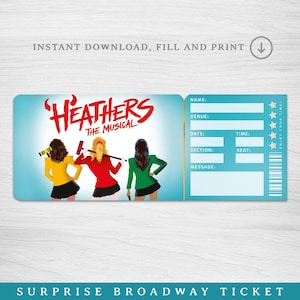 Druckbare Heathers Broadway Surprise Ticket, Heathers the Musical Collectible Theaterkarte Bearbeitbare Musiktheater Faux Event-Eintritt