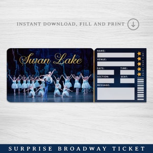 Druckbares Swan Lake Ballett, Broadway Surprise Ticket, Swan Lake Ballet Collectible Theaterticket Bearbeitbares Musiktheater Faux Event