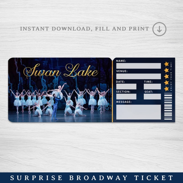 Printable Swan Lake Ballet, Broadway Surprise Ticket,  Swan Lake Ballet Collectible Theater Ticket Editable Musical Theatre Faux Event