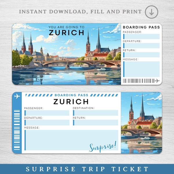 Digitaal ZÜRICH verrassingsreisticket, printbare instapkaart voor Zwitserland, printbaar vakantieticket voor Zürich, vakantiecadeaubon